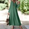 Женская мода V-образный вырез длинный рукав карман однотонный молния повседневный отпуск длинные хлопково-льняные платья