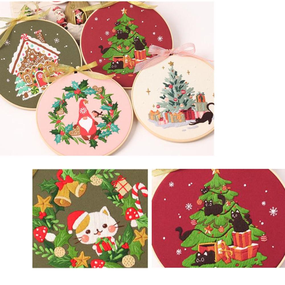 Embroidery Kit, Cross Stitch Kits For Beginners, DIY Needlepoint Kits With Stamped Christmas Pattern Fabric Hoop Needle Threads