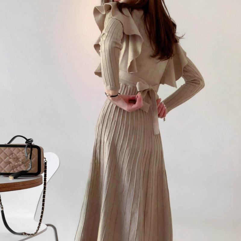 Осень-зима Элегантное женское длинное трикотажное платье с круглым вырезом, облегающее платье с длинными рукавами и оборками, плиссированное платье с поясом, женское платье-свитер