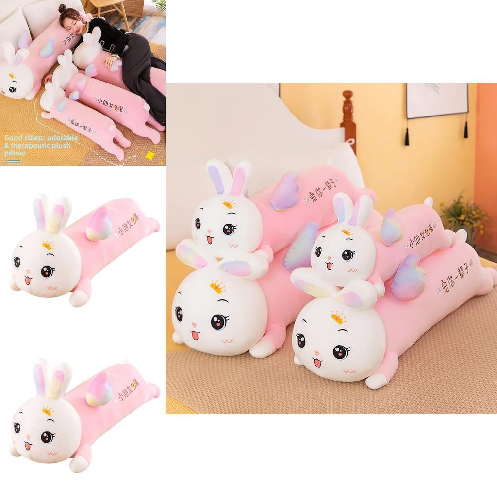 Cute Cartoon Rabbit With Colorful Wings Long Plush Toy Pillow With Embroidery For Girls Bedside Decor And Comfort