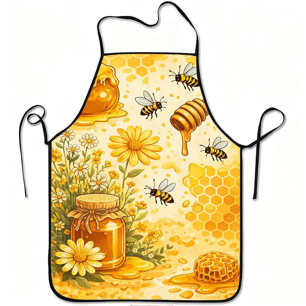 1pc Honey Bee And Daisy Print Apron Durable And Easy To Clean Adjustable Waistband Polyester Material For Kitchen Cooking Garden