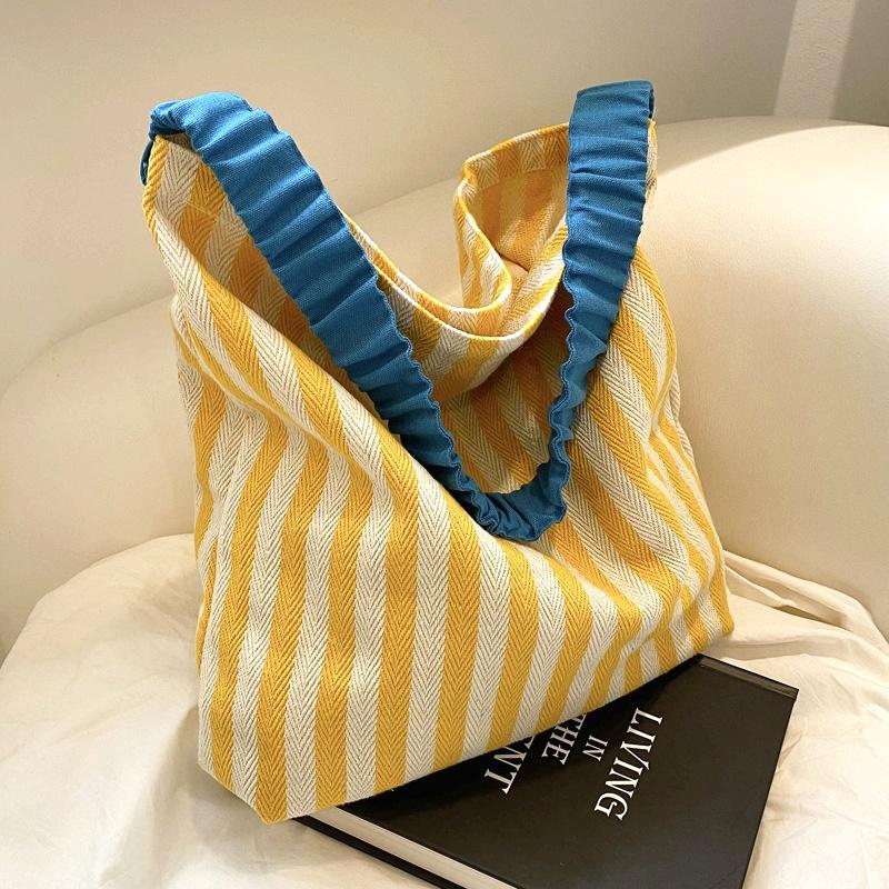 Вместительная полосатая сумка-тоут Стильные желто-синие вертикальные полосы, просторная сумка через плечо с оборками, идеально подходит для повседневной хозяйственной сумки