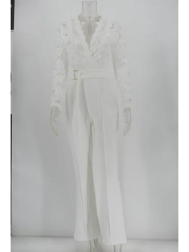 New European & American Sexy Deep V Neck White Lace Jumpsuit with Belt