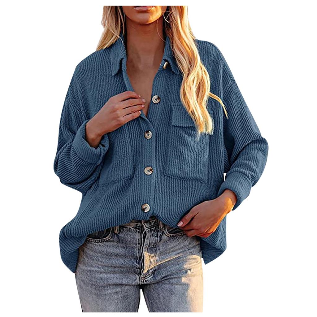 Women's And Winter Loose Corduroy Lapel Double Pockets Long-Sleeved Shirt Jacket