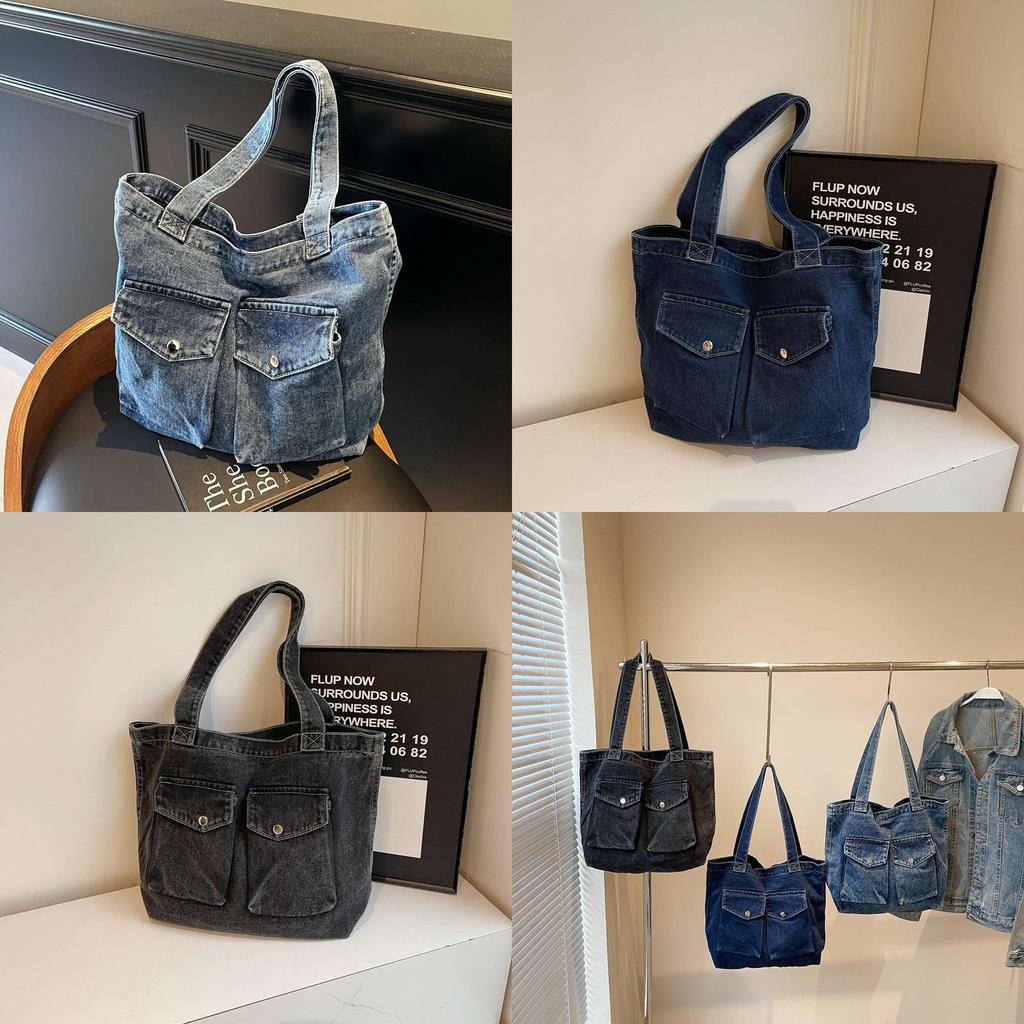 Fashionable Womens Tote Bag In Denim Fabric With Double Shoulder Straps For Commuting