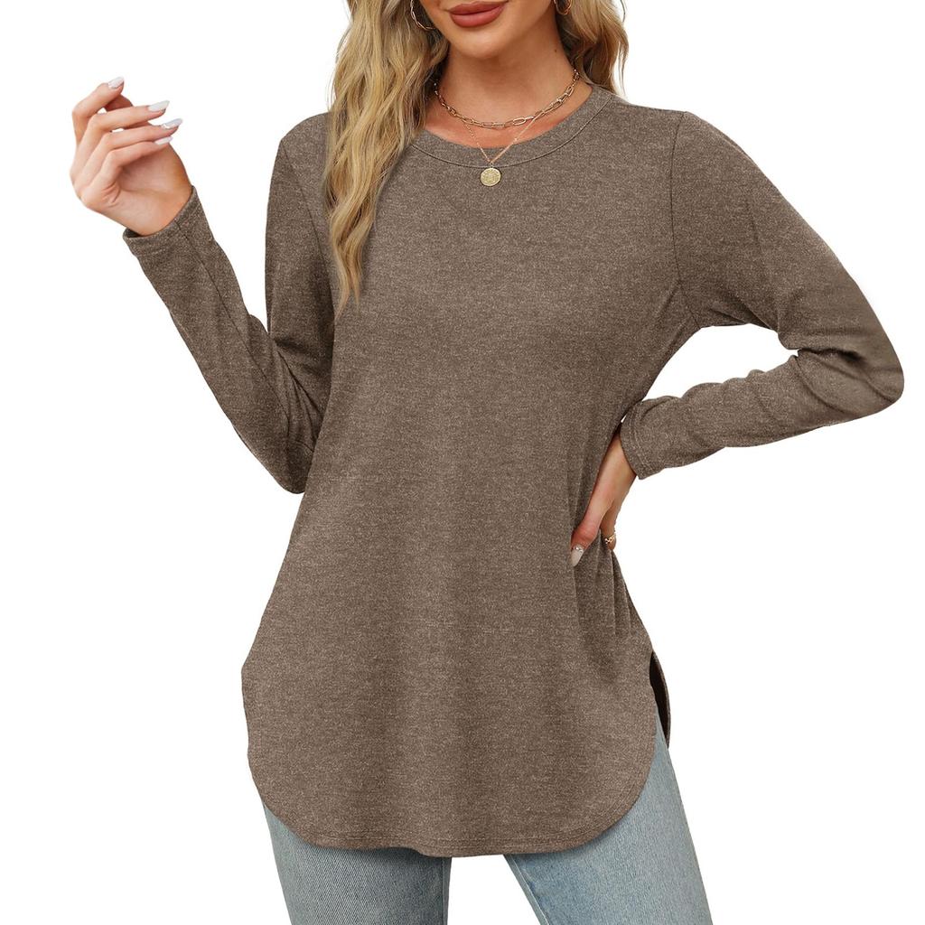 Womens Long Sleeve Round Neck Shirts Side Split Basic Loose Tunic Tops Casual Shirts