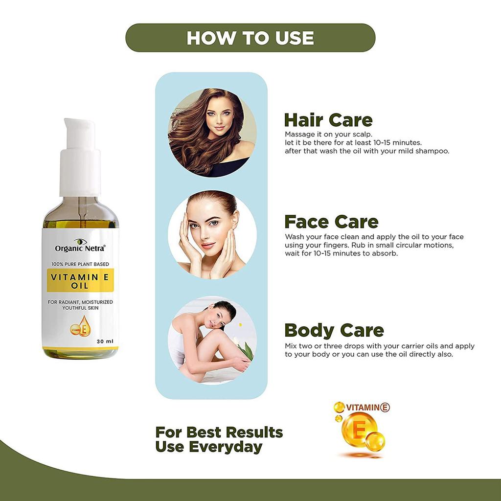 Organic Netra 100% Pure Plant Based Vitamin E Oil For Radiant, Moisturized Skin