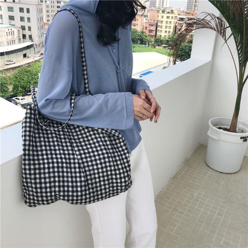Print Grid Pattern Canvas Bag Retro Handbag Simple Printed Shoulder Bag Women