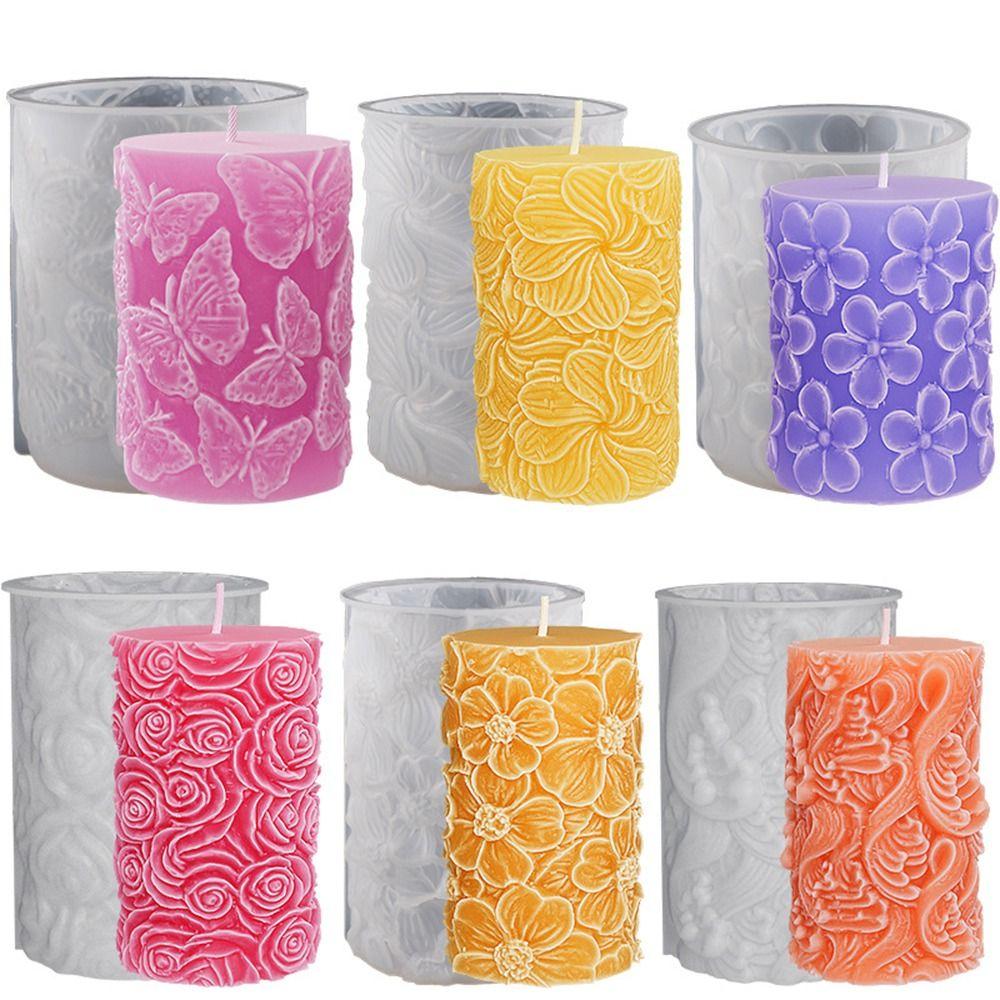 Epoxy Resin 3D Cylinder Candle Mold Relief Flower Soap Mold Art Wax Cake Resin Mold Handmade