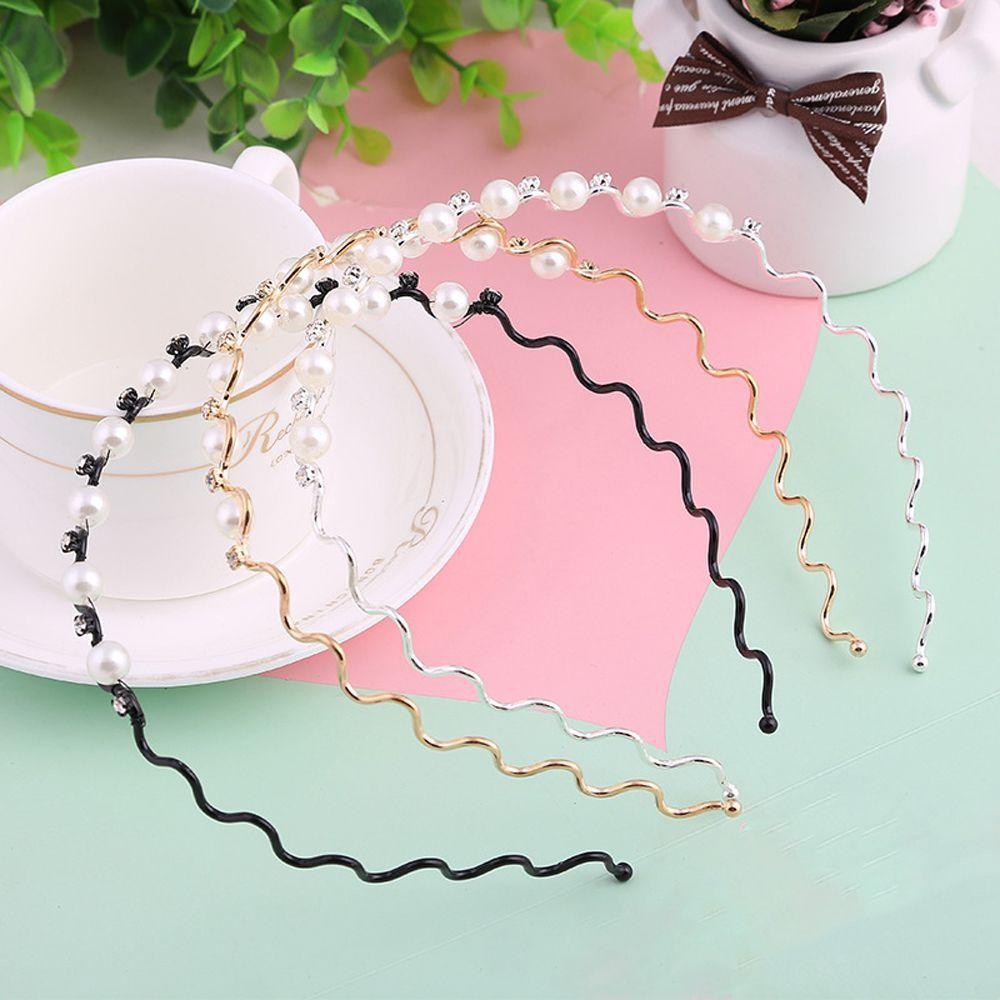 Hair Band Head Chain Accessories Metal for Women Headwear Black Silver Pearl Crystal Wave Hairband