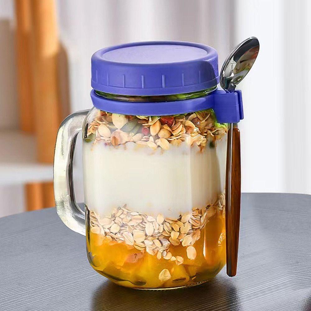 with Lids Spoons & Handle Yogurt Pot Glass Breakfast Jar Oats Container Overnight Oats Jars