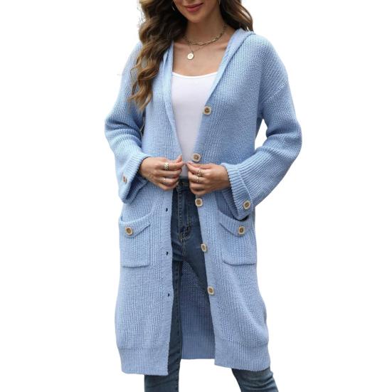 Women Knitted Cardigan Hooded Long Sleeve Single Breasted Sweater Coat with Pockets Solid Color Loose Fit Mid-length Knitwear