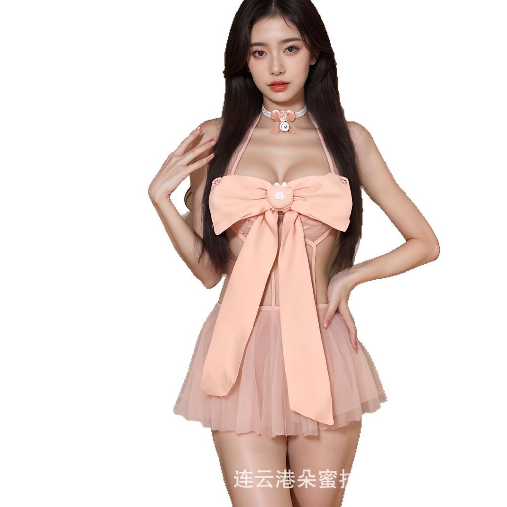 New sex underwear pink bow chest pad three-point pure desire temptation splicing mesh perspective free qqny
