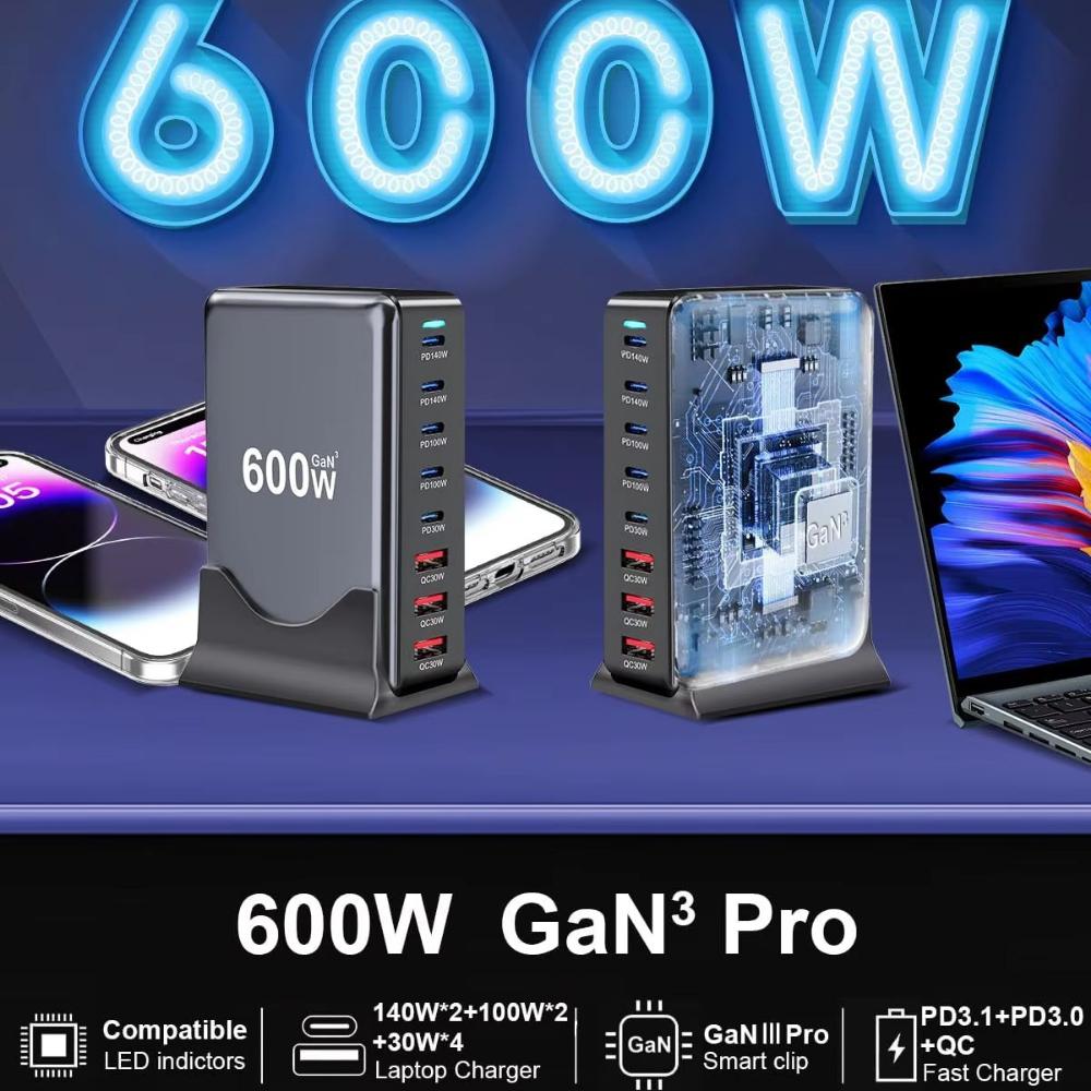 600 Вт GaN Супербыстрая зарядная станция 5C3A Одновременная зарядка 8 устройств для ноутбука, телефона, умных часов, наушников OTP OVP