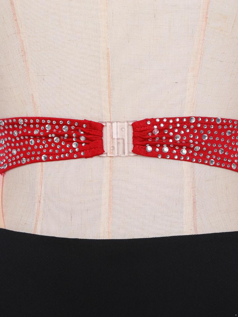 Women Lyrical Dance Dress Mock Neck Sleeveless Backless Shiny Rhinestones Color Block Mesh Skirted Leotard