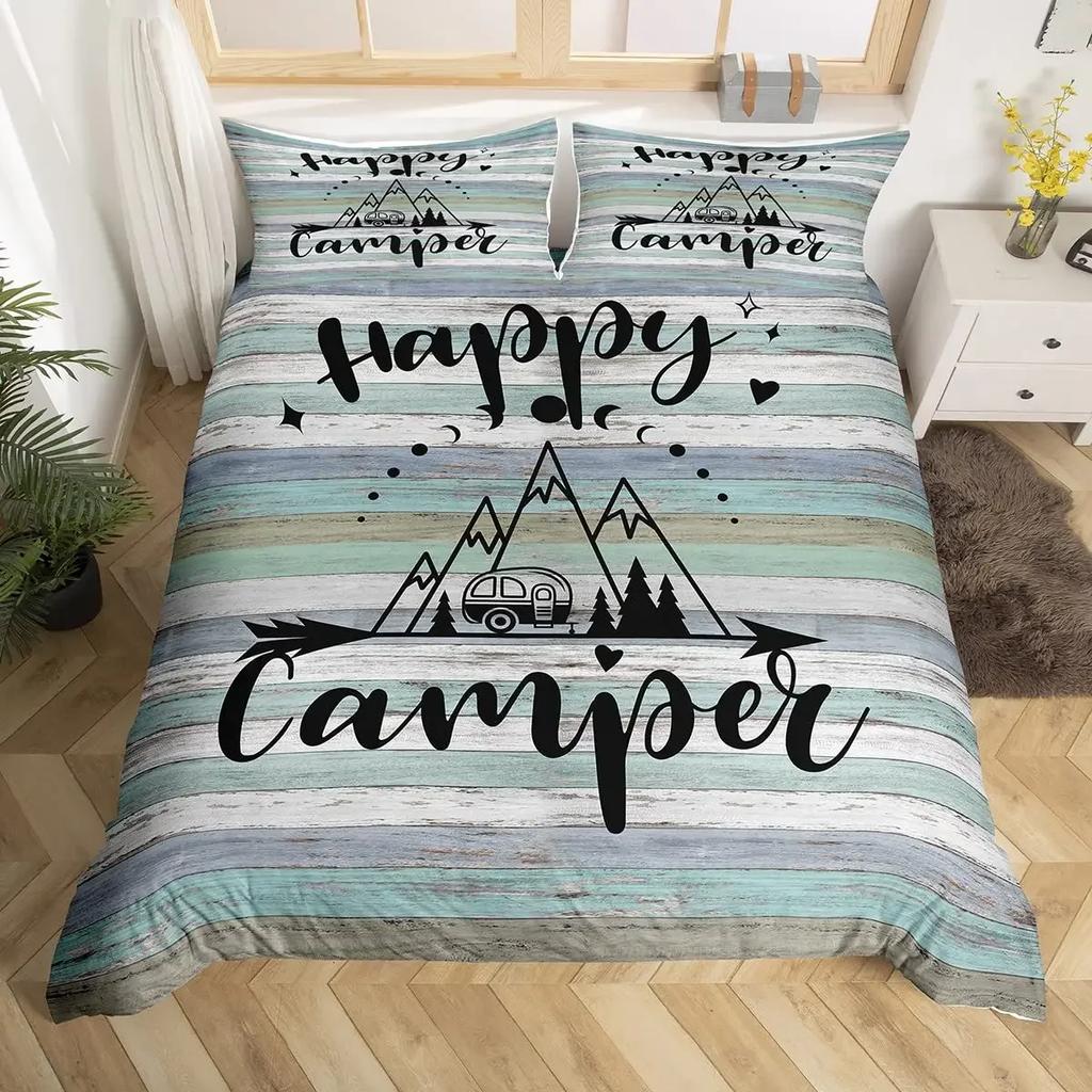 Rustic Farmhouse Style Duvet Cover Set 2/3 Pcs Old Barn Door Comforter Cover Happy Camper Print Black Sketch Drawing Quilt Cover
