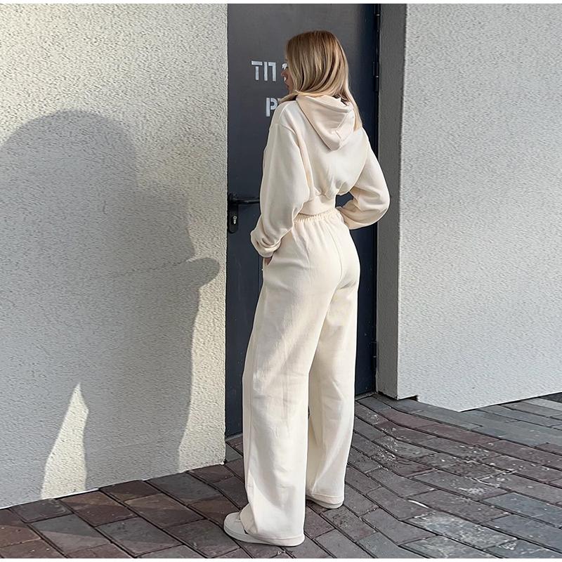 Casual Solid Color Hoodies Pants Set Women Long Sleeve Zipper Short Sweatshirt Slim Drawstring Trouser 2025 Spring Autumn New Lady Tracksuit