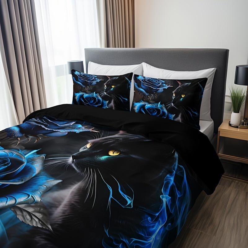 3Pcs 3D Black Cat Blue Rose Bedding Set, Floral Animal Duvet Cover Set (1 Duvet Cover + 2 Pillowcases, No Inserts)