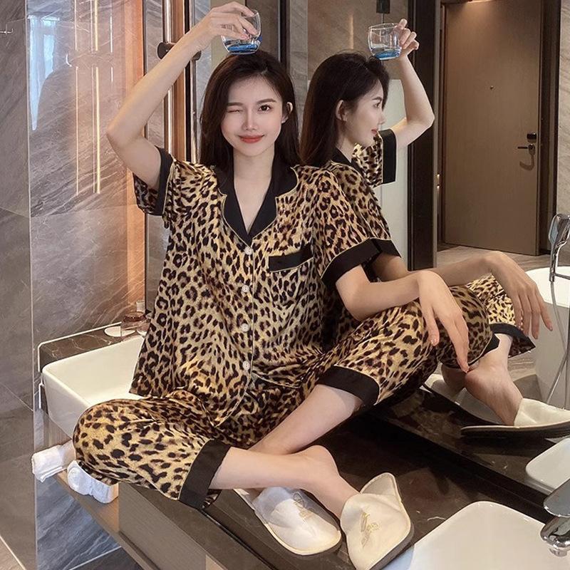 Ice Silk Pajamas Women'S Short-Sleeved Trousers Summer Silk Cute Kitten Jacquard Student Loungewear Set