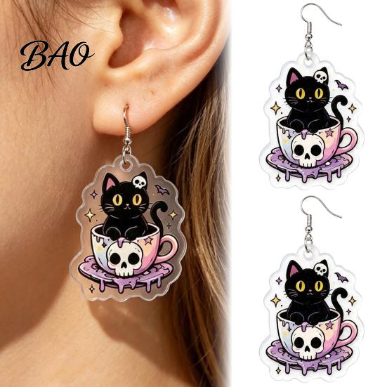 Skull Teacup Pendant 1 Pair Halloween Earrings for Women, 2D Acrylic Black Cat Women Dangle Drop Earrings, Gothic Cartoon Jewelry Party, Daily