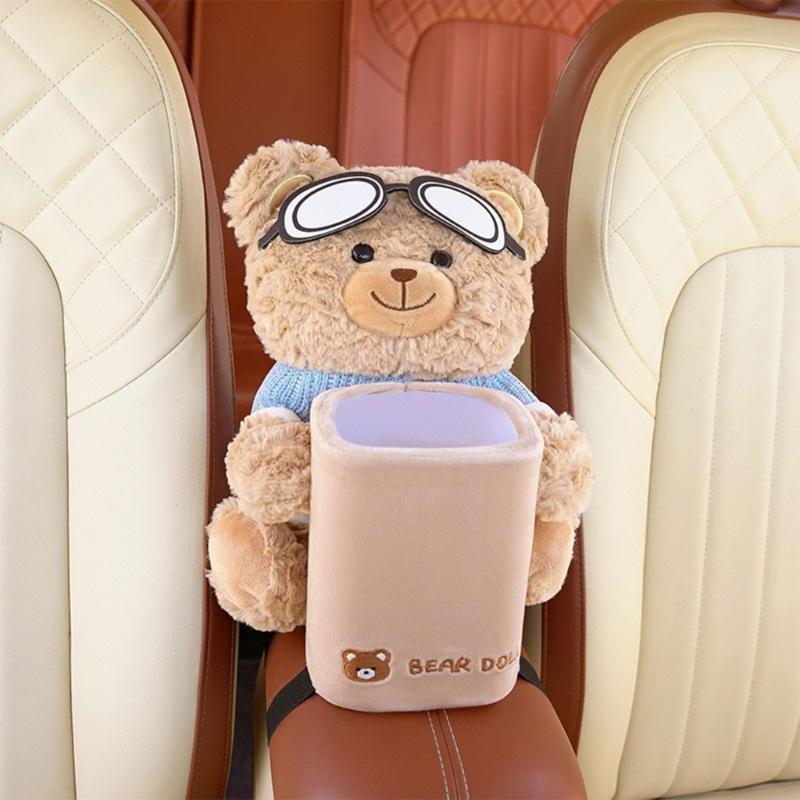 Plush Bear Shape Automotive Tissue Dispenser and Trash Can With Shake Proof Mounting and Leakproof Inner Container