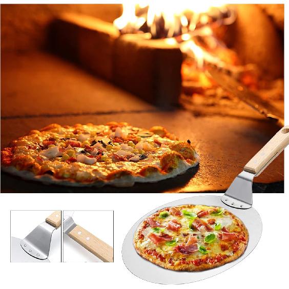 Pizza Peel 10 Inch Stainless Steel Pizza Paddle and Turner with Long Foldable Wooden Handle Pizza Spatula, Pizza Peel for Bread Oven and Grill Non
