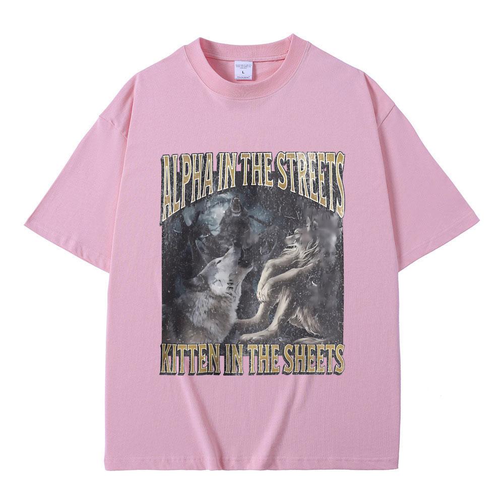 Альфа на улице, котенок в постели, смешная футболка с мемом про оборотня, мужская, женская, повседневная, оверсайз, уличная одежда, мужская модная футболка