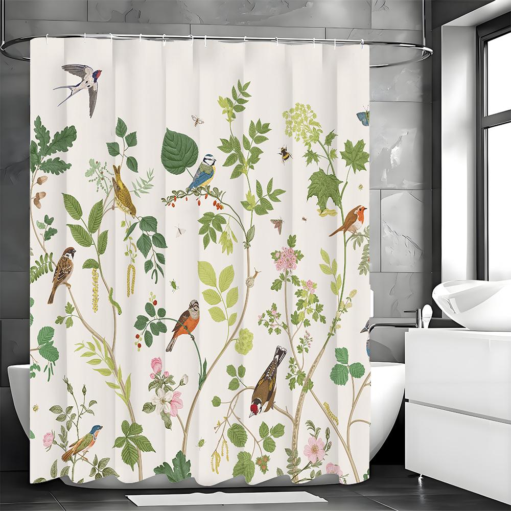 Ветка дерева Зеленый лист Цветок Птица Шторка для душа, Декоративная шторка для душа для ванной комнаты, Водонепроницаемая шторка для душа с крючками