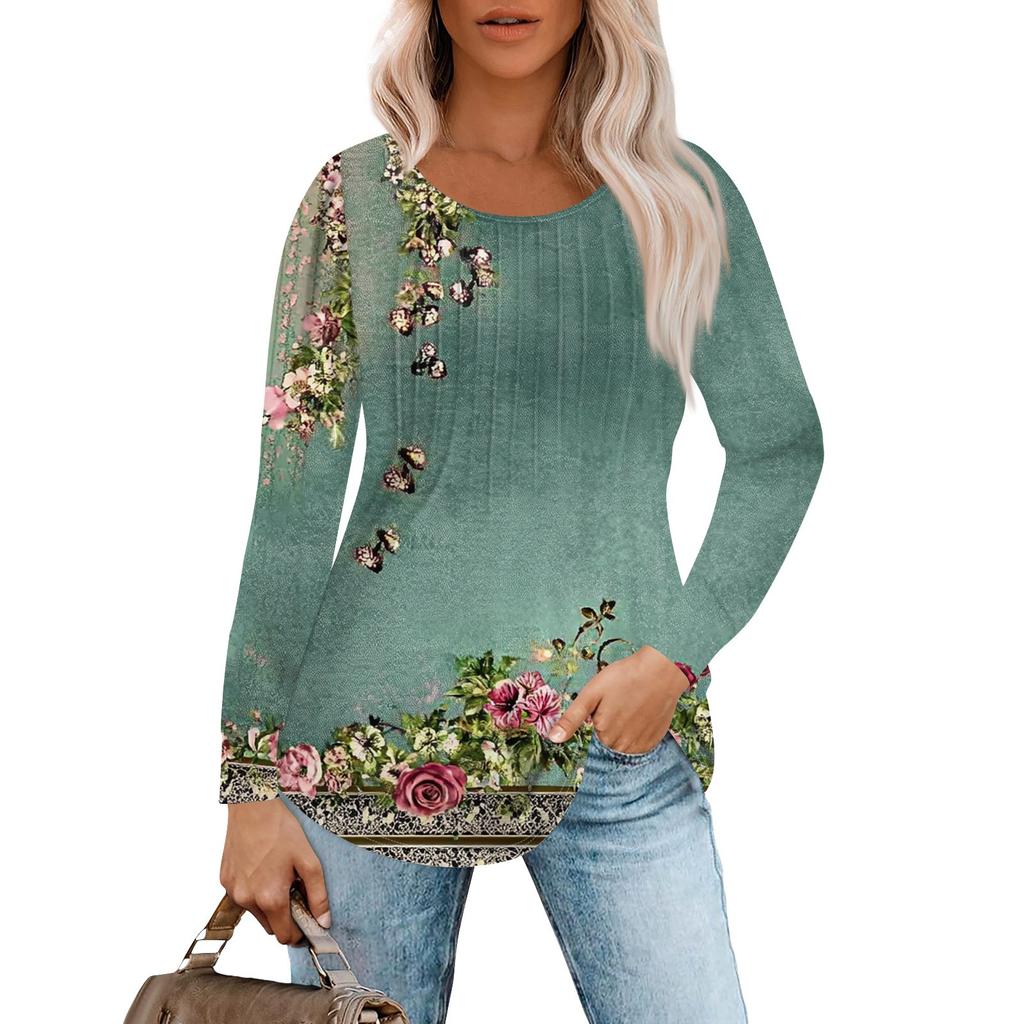 Женская модная повседневная плиссированная футболка с круглым вырезом и принтом, с длинным рукавом