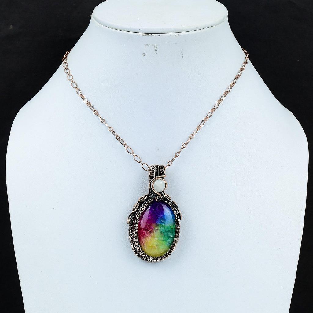 Радужный солнечный кварц и лунный камень, драгоценный камень, подвеска ручной работы из чистой медной проволоки для нее