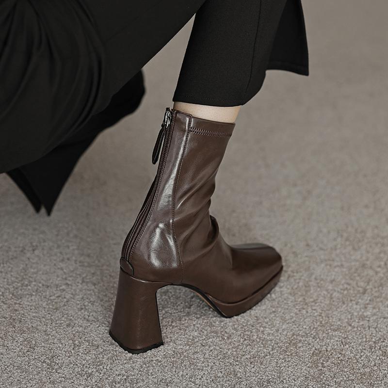 Krazing Pot Microfiber Autumn Winter Shoes Thick High Heels Platform Boots Square Toe Keep Warm Zipper Ankle Boots