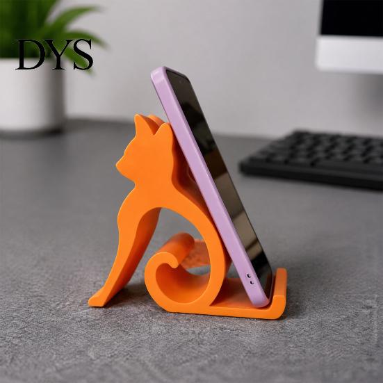 Mobile Phone Holder Cute Cat Stand, Curled Tail Kitty Desk for Cell Wood Style Stand Tablet, 3D Printed Universal Office Bedroom, Gift Lovers