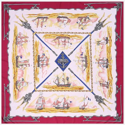 POBING 100% Silk Scarf Women Large Shawls Spain Warship Print Stoles Square Bandana Hijab Luxury Kerchief Female Foulards 130CM