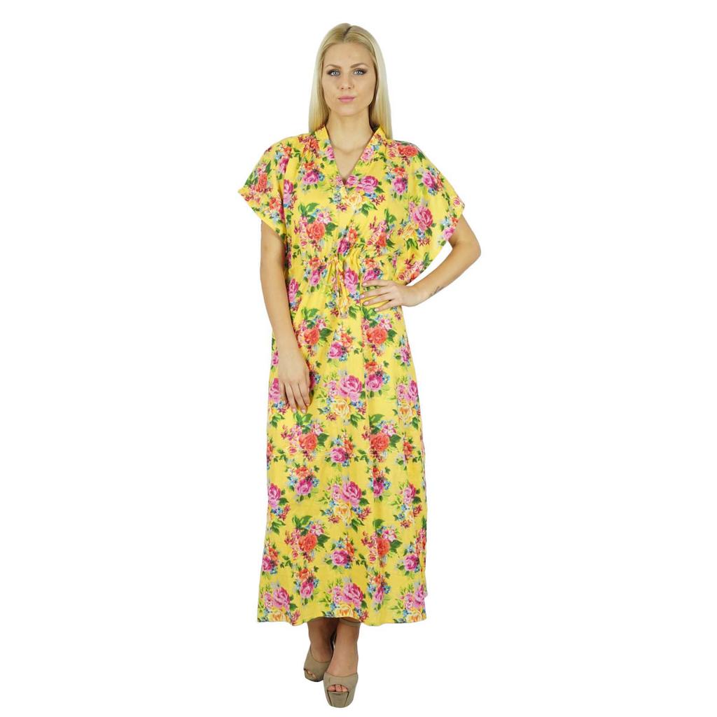 Bimba Женский длинный хлопковый кафтан с белым цветочным принтом Ночная рубашка Классический кафтан Платье