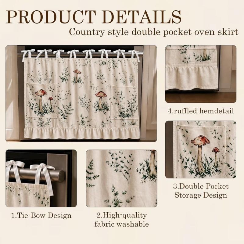 Cottage Style Mushroom Print Kitchen Oven Curtain With Ruffled Trim Adjustable Bow Tie