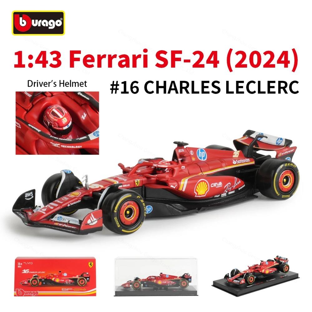 Ббураго 1:43 Ferrari SF24 2024 Гран-при Майами Формула-1 Гоночный автомобиль Статическая симуляция Литье под давлением Сплав Модель автомобиля Акриловая коробка