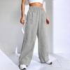 Women Pants Elastic Waist Mid-rise Wide Leg Long Trousers with Pockets Plaid Print Comfortable Casual Trousers