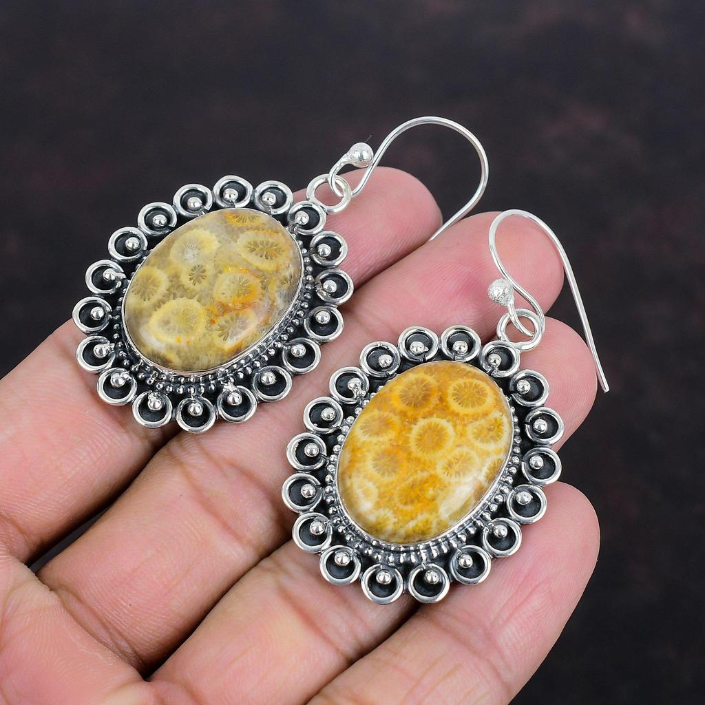 Fossil Coral Earring Handmade Drop Earrings Top Quality Gemstone Jewelry 925 Sterling Silver Earring Latest Design Jewelry Anniversary Gifts