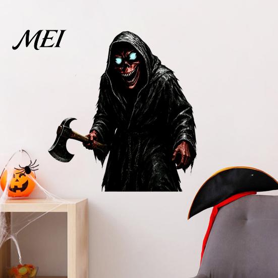 Dark Reaper Glass Stickers Halloween Wall Sticker, Scary Black Robed Demon with Ax Decal, Creepy Man Decor PVC Waterproof Art for Home Window Decals