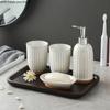 Ceramic Wash Set Bathroom 4-piece Set Wooden Pallets Lotion Bottle Mouth Cup Soap Dish Bathroom Accessories Sets Home Toiletries