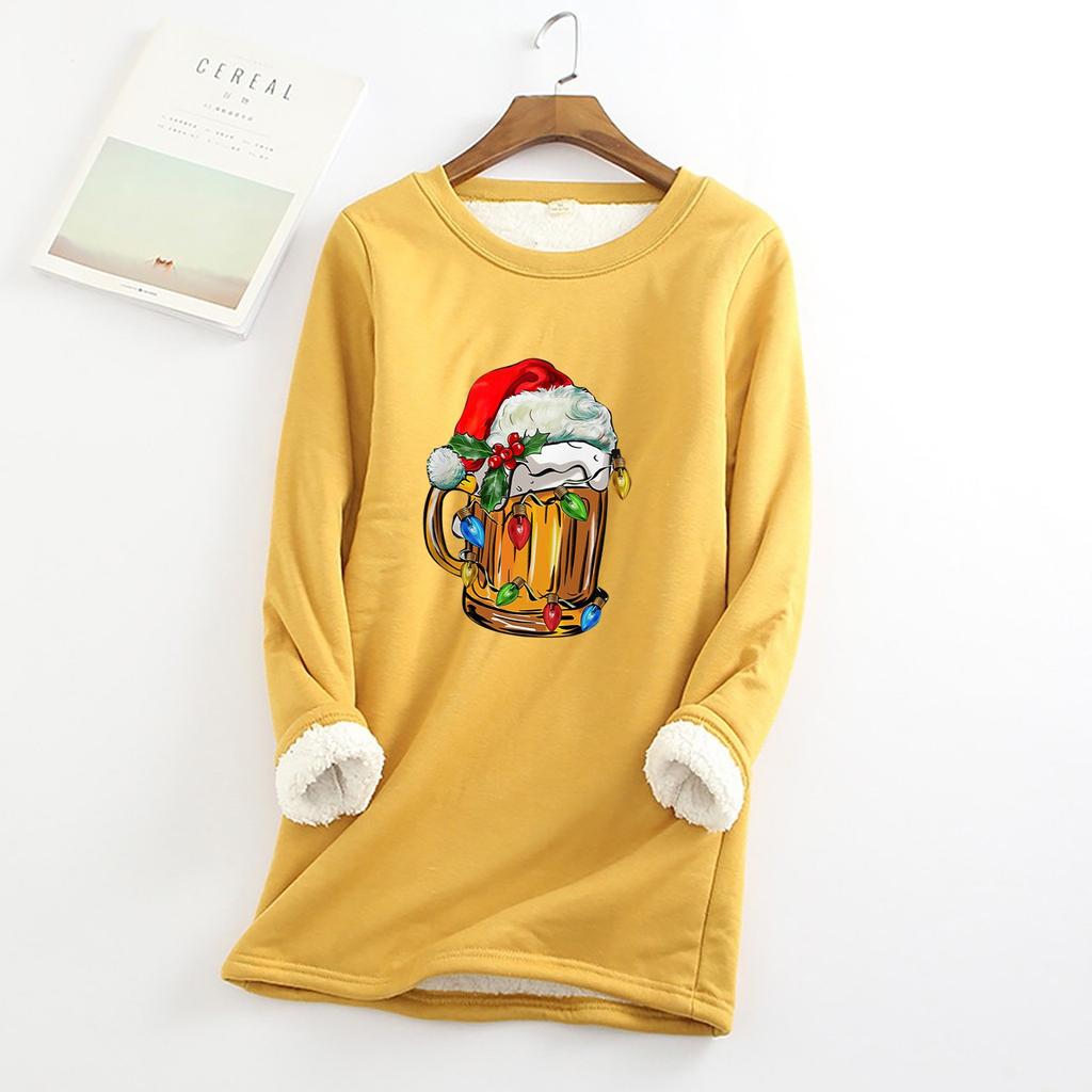 Женский круглый вырез с принтом из утолщенного плюша и кашемира, теплый длинный топ