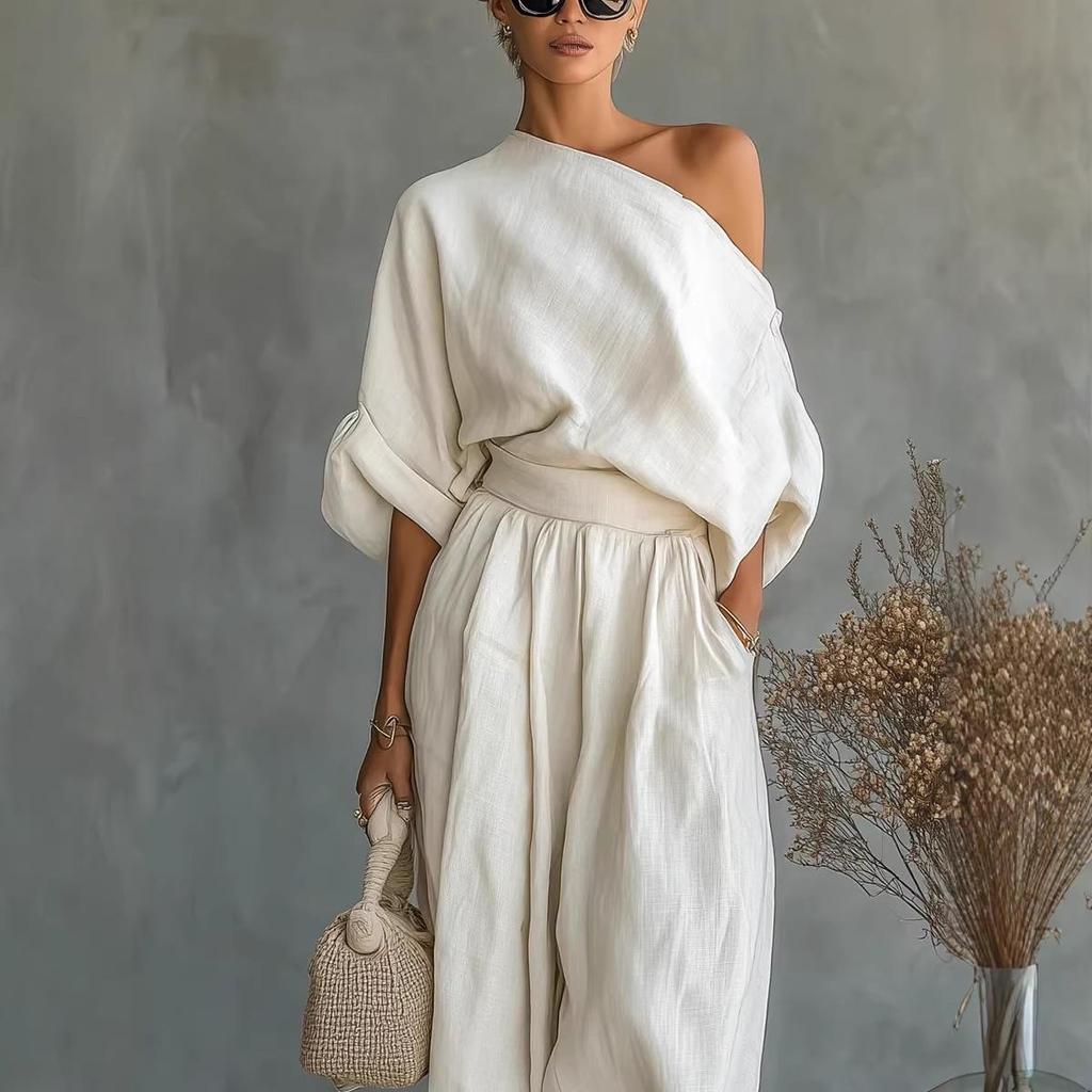 Европейский весенний однотонный топ с открытыми плечами и карманом, повседневный свободный комплект из двух предметов 2026