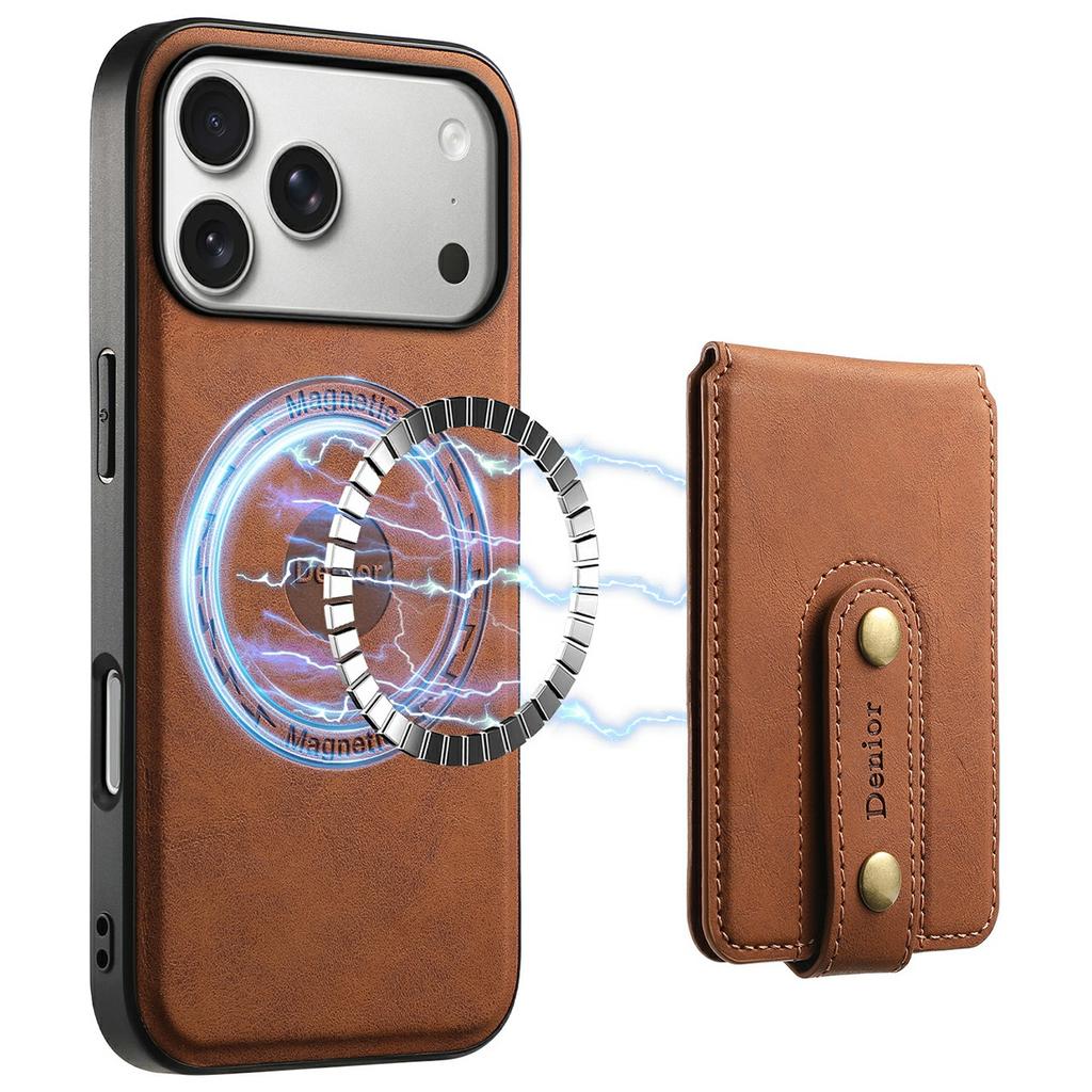 DENIOR D14 For iPhone 17 Pro Magnetic Case with Detachable Card Holder Kickstand PU+TPU+PC Phone Cover