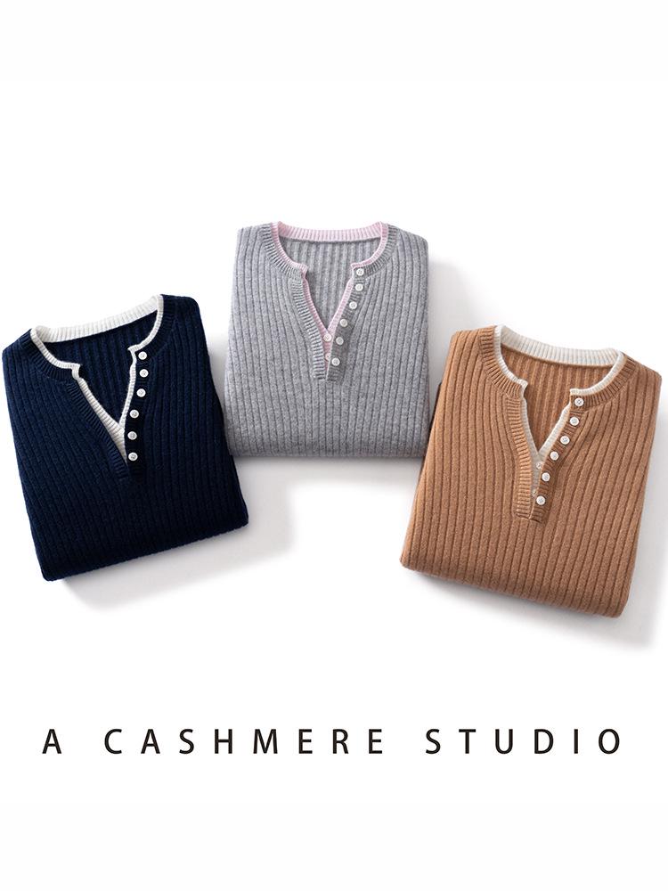 Women's 2026 Autumn/Winter V-Neck Faux Two-Piece 100% Pure Cashmere Sweater - Fashionable Button-Up Base Layer