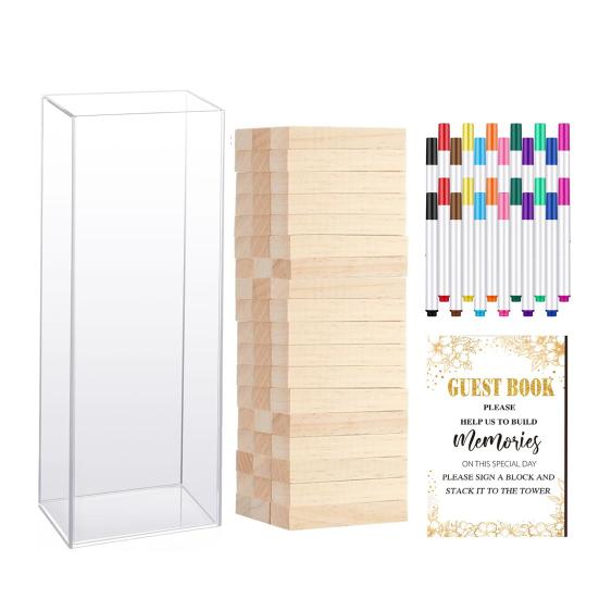 1 Набор Альтернатива свадебной книге пожеланий Деревянный блок с прозрачной акриловой коробкой Ручки Знак Свадьба Свадебный душ Вечеринка Украшение для приема