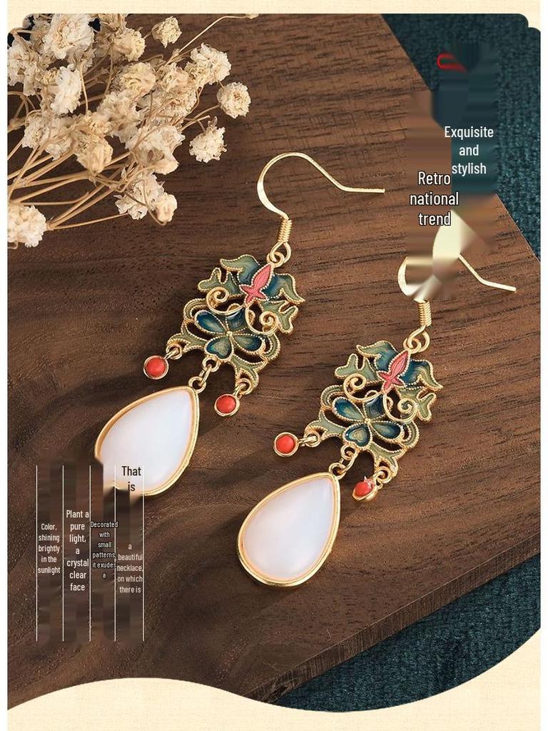 Ретро Национальный Тренд Перегородчатая Эмаль Серьги с Южным Красным Агатом и Белым Жадеитом для Костюмов Ханфу