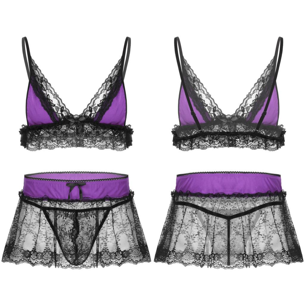 Mens Lingerie Bra Set Ruffles Lace Nightie Dress Sissy Panties Nightwear Crossdress Bra