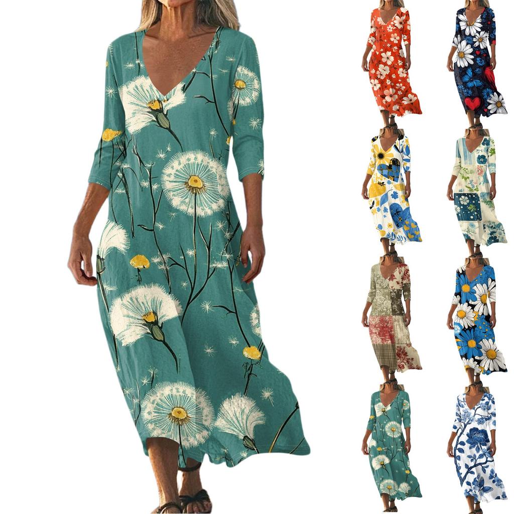 Women's Vintage Print Tunic Waisted Midi Dress Summer Casual 3/4 Sleeve Dress Dress