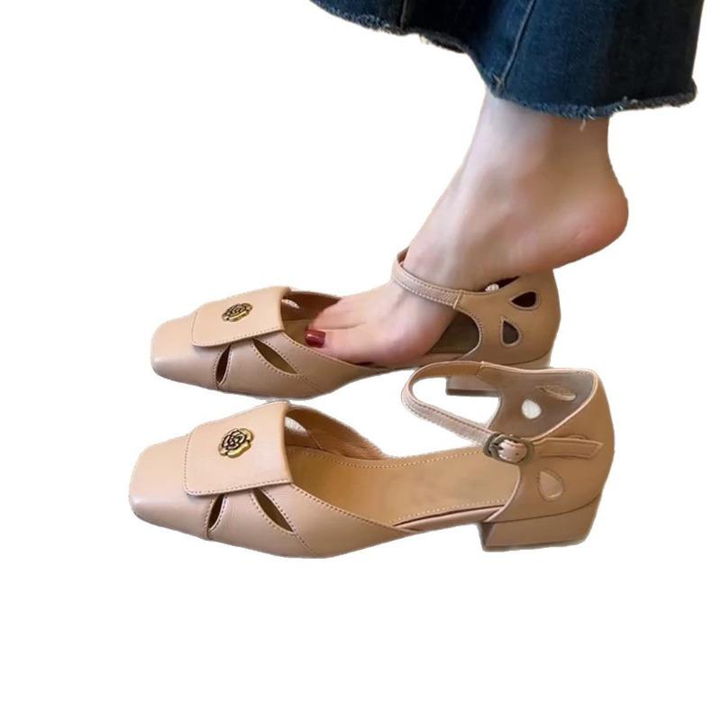 Босоножки с французским носком Женские летние на толстом каблуке Туфли-лодочки с вырезами Мэри Джейн