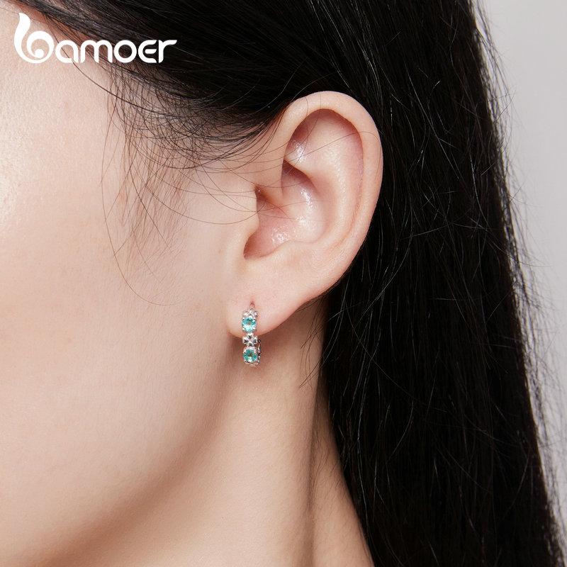 BAMOER стерлингового серебра 925 пробы, зеленое стекло, четырехлистный клевер, зажимы для ушей, серьги-кольца для женщин, ювелирные изделия, счастливый подарок